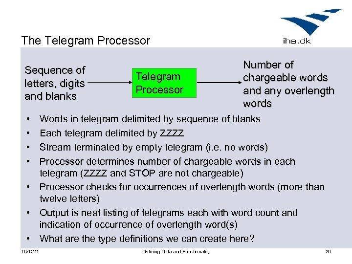 The Telegram Processor Sequence of letters, digits and blanks Telegram Processor Number of chargeable