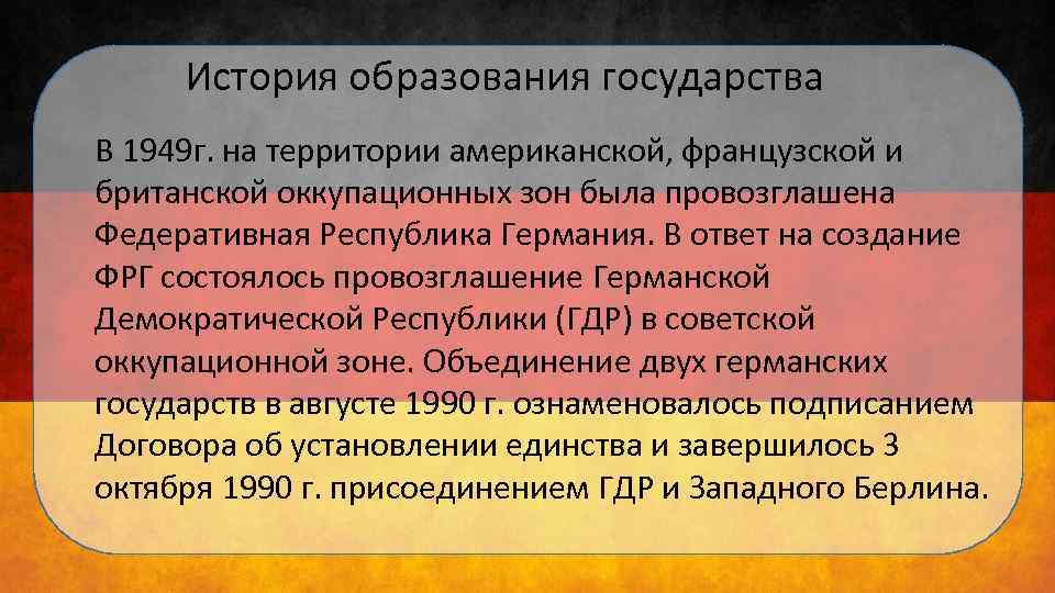 История образования государства В 1949 г. на территории американской, французской и британской оккупационных зон