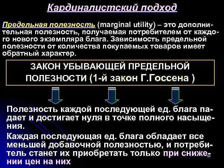 Кардиналистский подход Предельная полезность (marginal utility) – это дополнительная полезность, получаемая потребителем от каждого