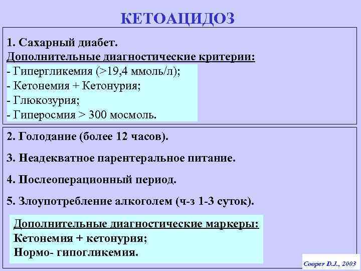 КЕТОАЦИДОЗ 1. Сахарный диабет. Дополнительные диагностические критерии: - Гипергликемия (>19, 4 ммоль/л); - Кетонемия