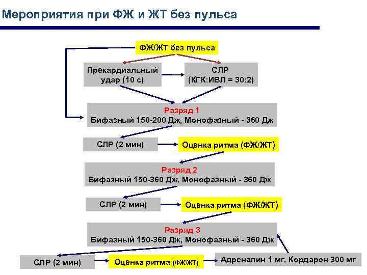 Мероприятия при ФЖ и ЖТ без пульса ФЖ/ЖТ без пульса Прекардиальный удар (10 с)