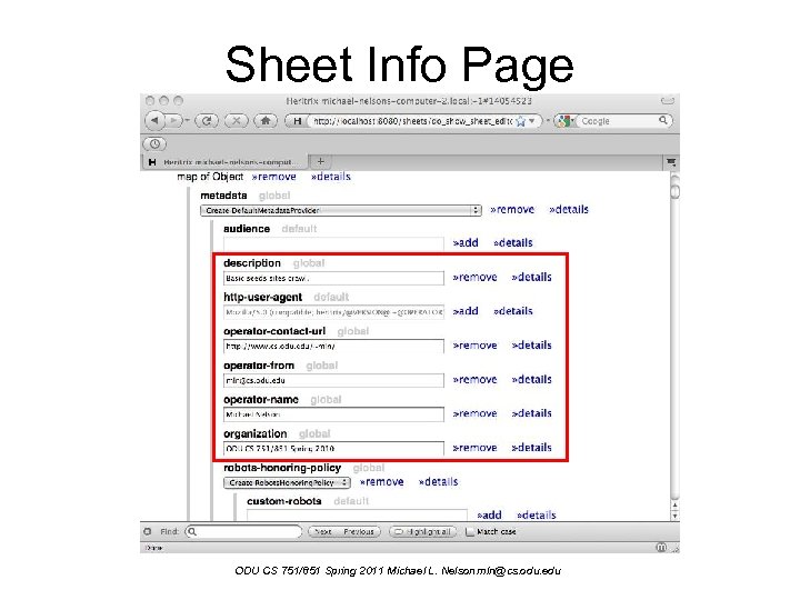 Sheet Info Page ODU CS 751/851 Spring 2011 Michael L. Nelson mln@cs. odu. edu