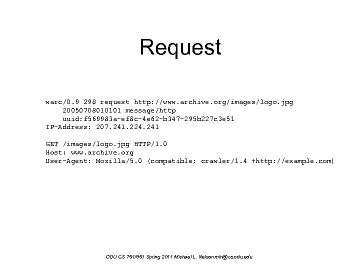 Request warc/0. 9 298 request http: //www. archive. org/images/logo. jpg 20050708010101 message/http uuid: f