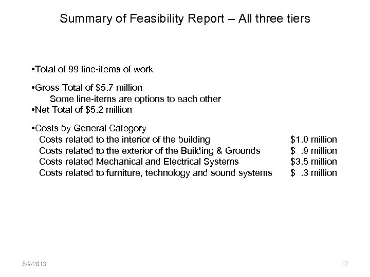Summary of Feasibility Report – All three tiers • Total of 99 line-items of