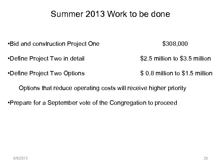 Summer 2013 Work to be done • Bid and construction Project One $308, 000