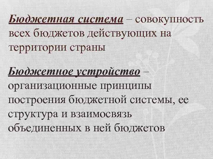 Бюджетная система – совокупность всех бюджетов действующих на территории страны Бюджетное устройство – организационные