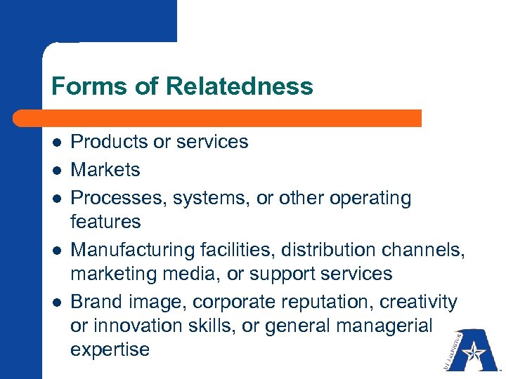 Forms of Relatedness l l l Products or services Markets Processes, systems, or other