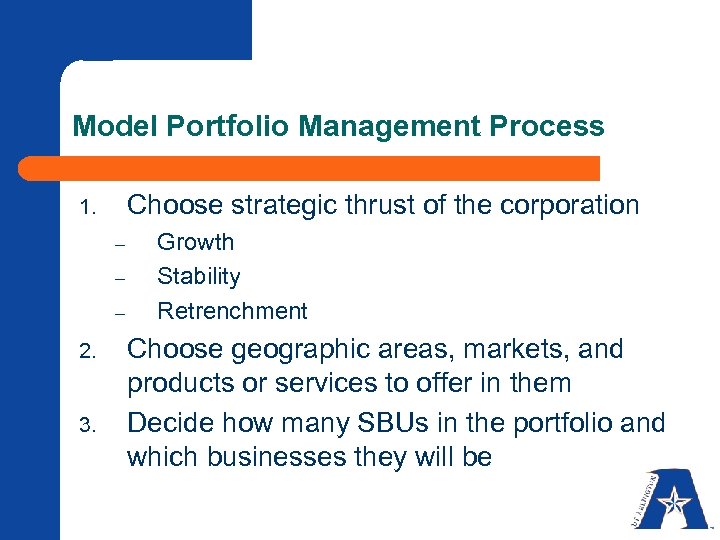 Model Portfolio Management Process Choose strategic thrust of the corporation 1. – – –