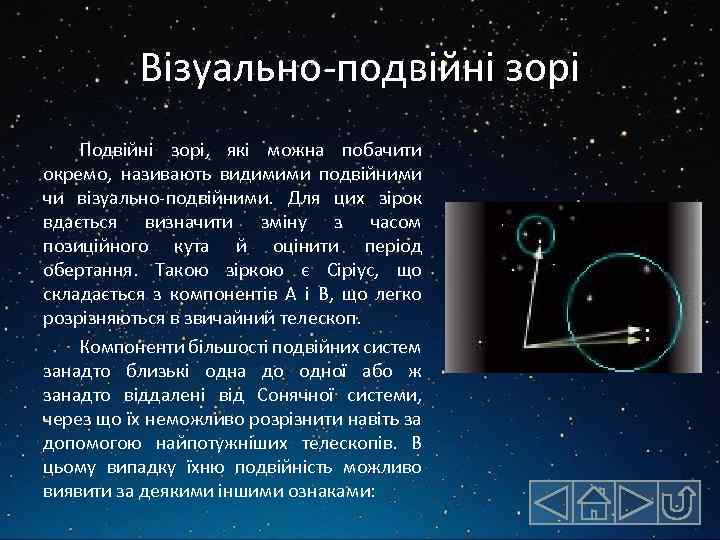 Візуально-подвійні зорі Подвійні зорі, які можна побачити окремо, називають видимими подвійними чи візуально-подвійними. Для