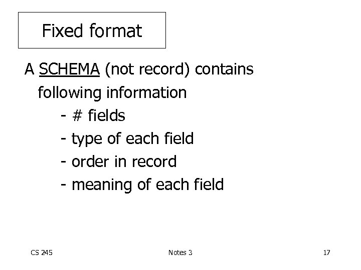 Fixed format A SCHEMA (not record) contains following information - # fields - type