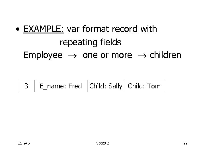  • EXAMPLE: var format record with repeating fields Employee one or more children