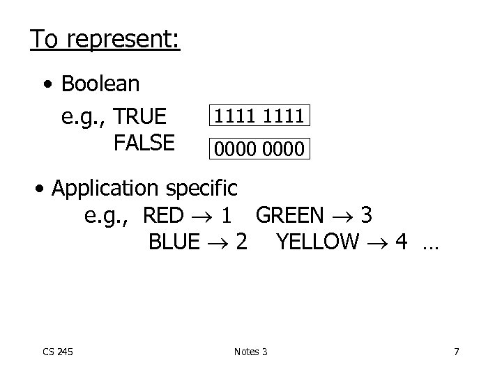 To represent: • Boolean e. g. , TRUE FALSE 1111 0000 • Application specific