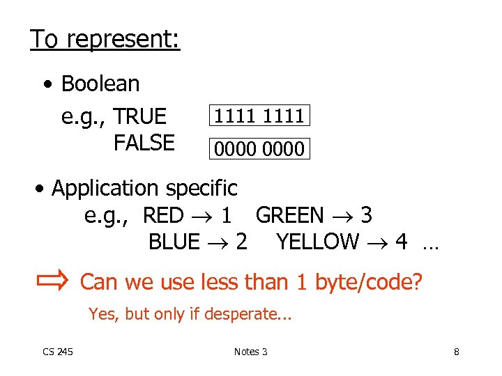 To represent: • Boolean e. g. , TRUE FALSE 1111 0000 • Application specific