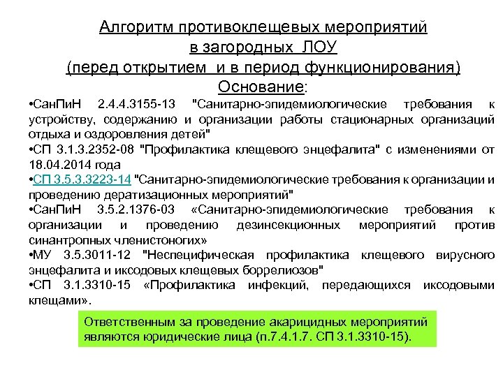 Алгоритм противоклещевых мероприятий в загородных ЛОУ (перед открытием и в период функционирования) Основание: •