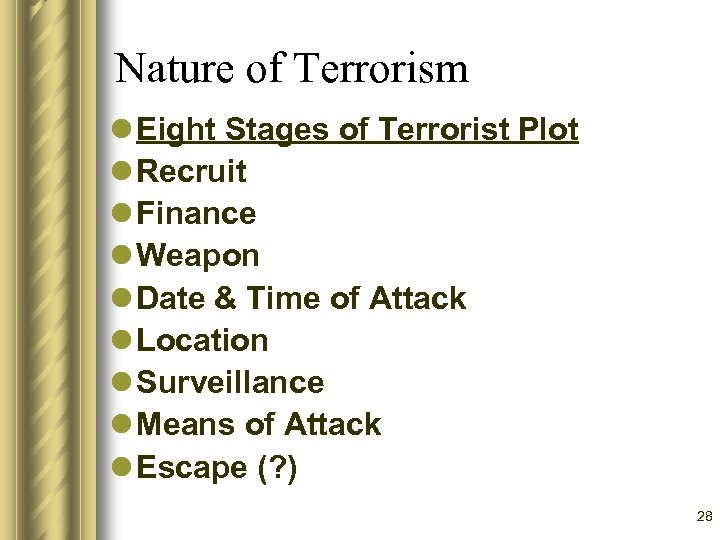 Nature of Terrorism l Eight Stages of Terrorist Plot l Recruit l Finance l