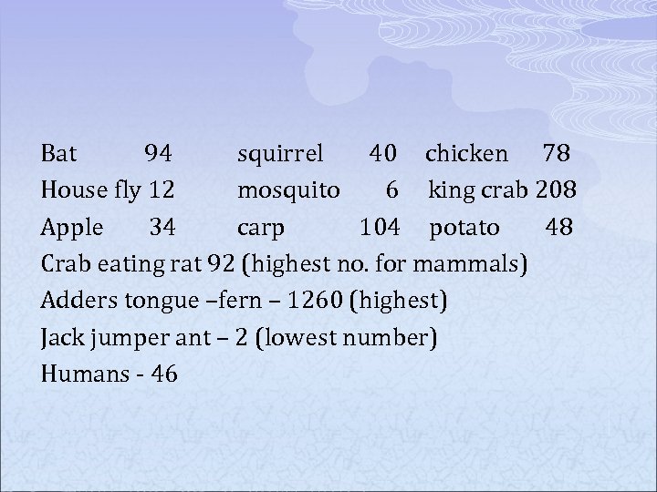 Bat 94 squirrel 40 chicken 78 House fly 12 mosquito 6 king crab 208