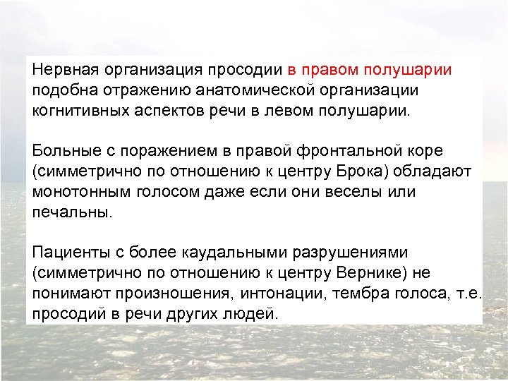 Нервная организация просодии в правом полушарии подобна отражению анатомической организации когнитивных аспектов речи в