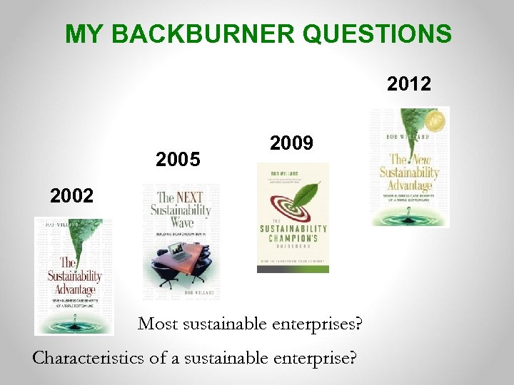 MY BACKBURNER QUESTIONS 2012 2005 2009 2002 Most sustainable enterprises? Characteristics of a sustainable