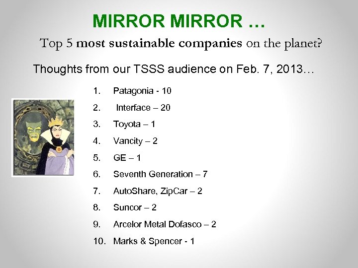 MIRROR … Top 5 most sustainable companies on the planet? Thoughts from our TSSS
