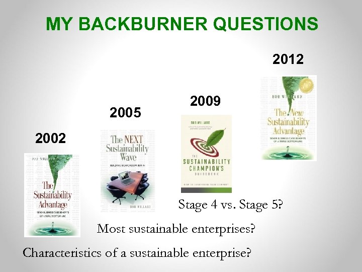 MY BACKBURNER QUESTIONS 2012 2005 2009 2002 Stage 4 vs. Stage 5? Most sustainable