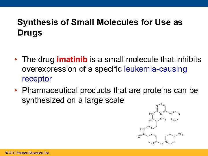 Synthesis of Small Molecules for Use as Drugs • The drug imatinib is a
