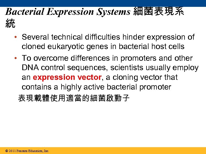 Bacterial Expression Systems 細菌表現系 統 • Several technical difficulties hinder expression of cloned eukaryotic