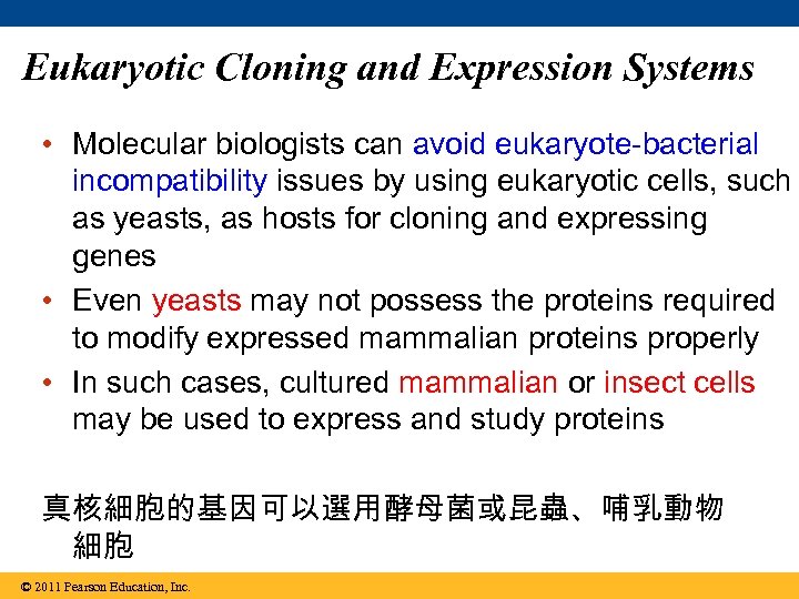 Eukaryotic Cloning and Expression Systems • Molecular biologists can avoid eukaryote-bacterial incompatibility issues by
