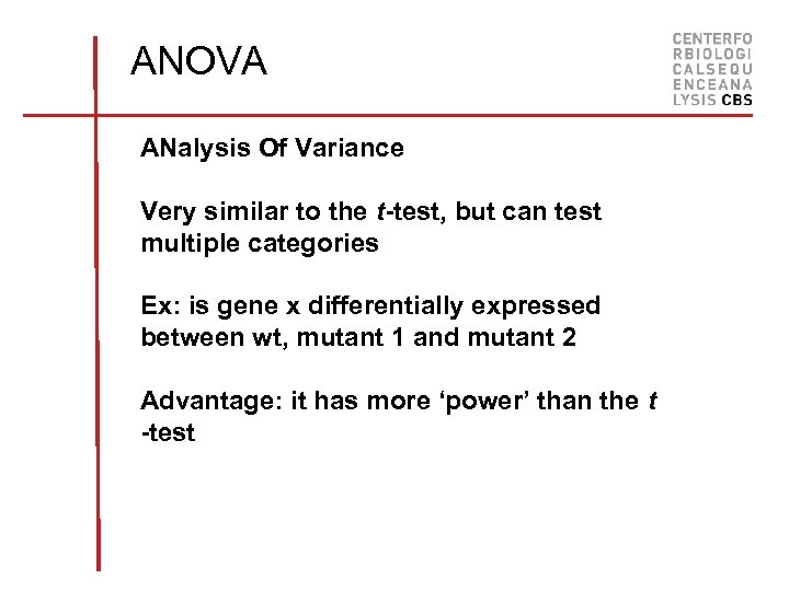 ANOVA ANalysis Of Variance Very similar to the t-test, but can test multiple categories
