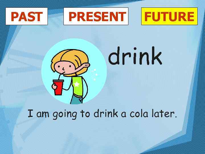 PAST PRESENT FUTURE drink I am going to drink a cola later. 
