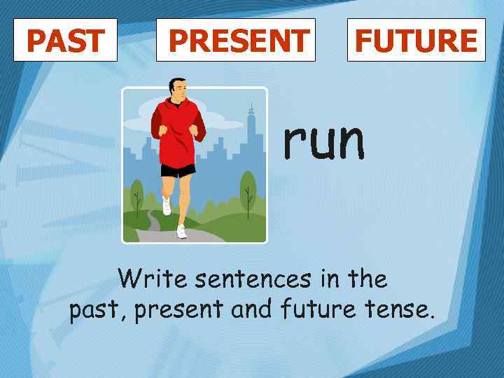 PAST PRESENT FUTURE run Write sentences in the past, present and future tense. 