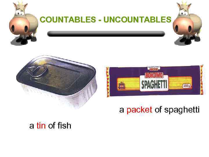 COUNTABLES - UNCOUNTABLES a packet of spaghetti a tin of fish 