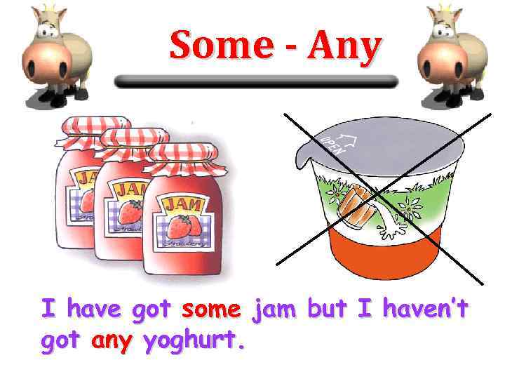 Some - Any I have got some jam but I haven’t got any yoghurt.