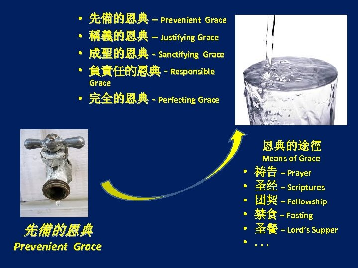  • • 先備的恩典 – Prevenient Grace 稱義的恩典 – Justifying Grace 成聖的恩典 - Sanctifying