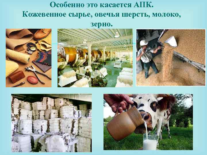 Особенно это касается АПК. Кожевенное сырье, овечья шерсть, молоко, зерно. 