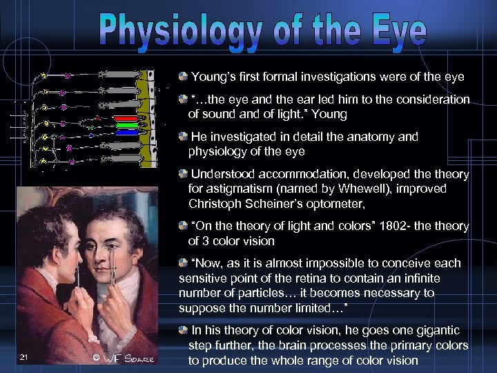 Young’s first formal investigations were of the eye “…the eye and the ear