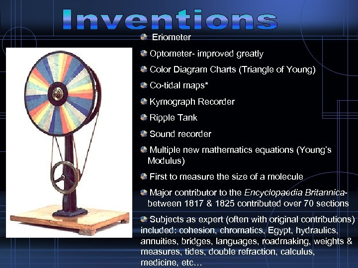  Eriometer Optometer- improved greatly Color Diagram Charts (Triangle of Young) Co-tidal maps* Kymograph