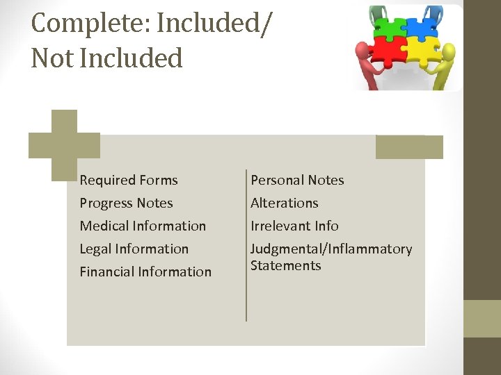 Complete: Included/ Not Included Required Forms Progress Notes Medical Information Legal Information Financial Information