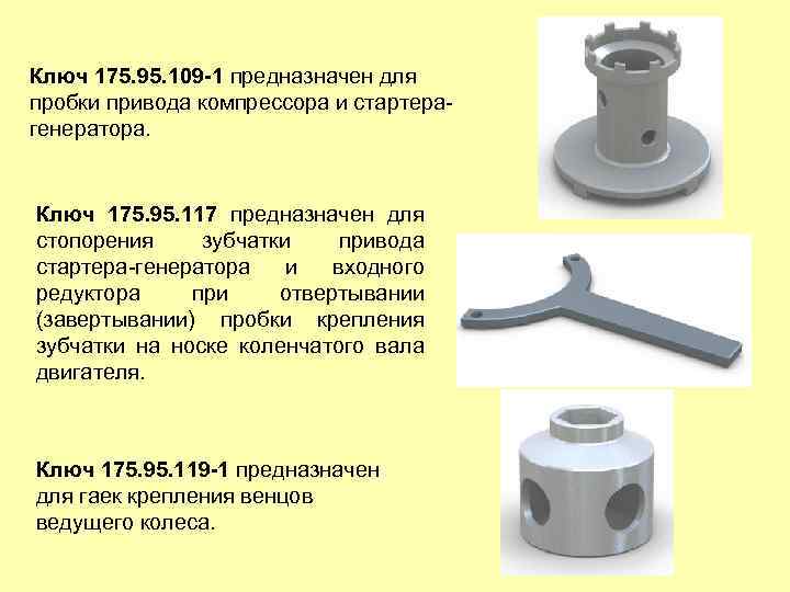 Ключ 175. 95. 109 -1 предназначен для пробки привода компрессора и стартерагенератора. Ключ 175.