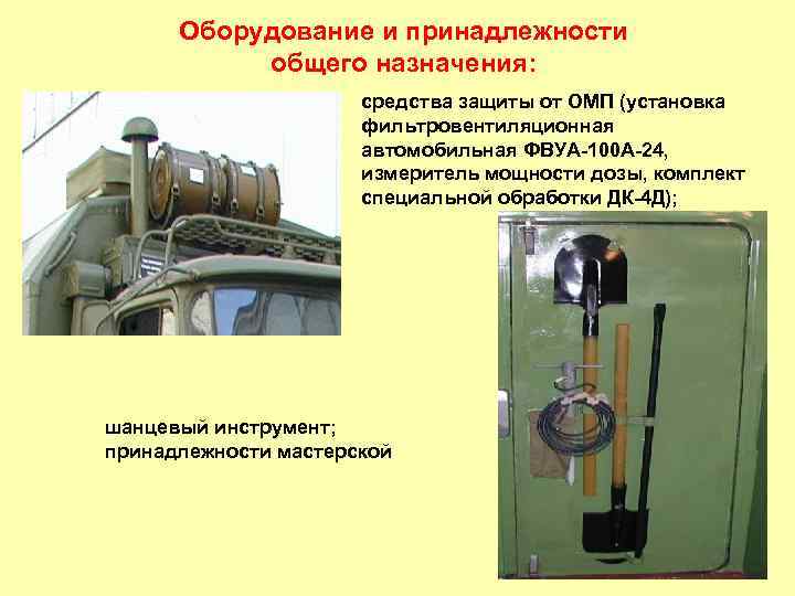 Оборудование и принадлежности общего назначения: средства защиты от ОМП (установка фильтровентиляционная автомобильная ФВУА-100 А-24,