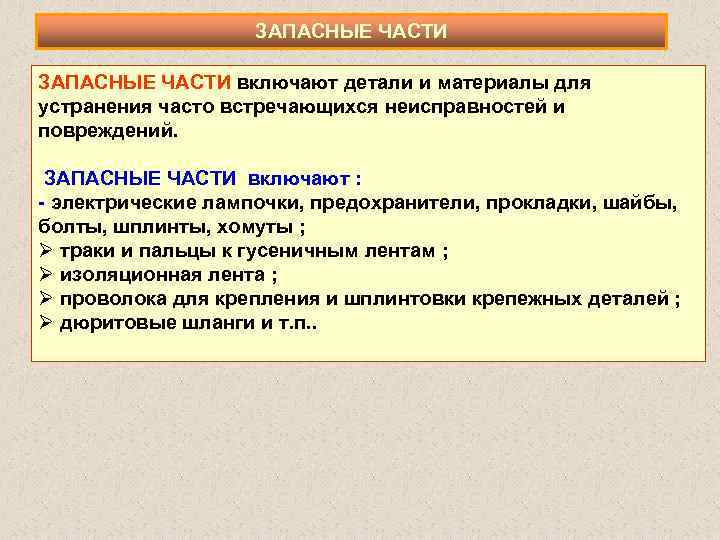 ЗАПАСНЫЕ ЧАСТИ включают детали и материалы для устранения часто встречающихся неисправностей и повреждений. ЗАПАСНЫЕ