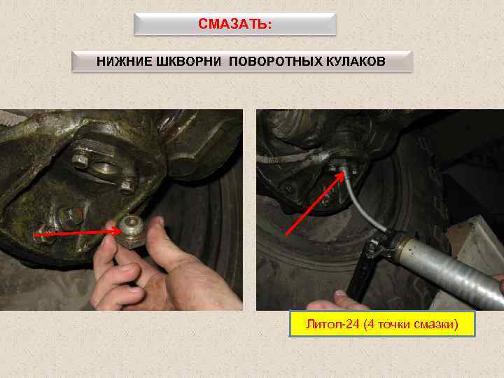 СМАЗАТЬ: НИЖНИЕ ШКВОРНИ ПОВОРОТНЫХ КУЛАКОВ Литол-24 (4 точки смазки) 