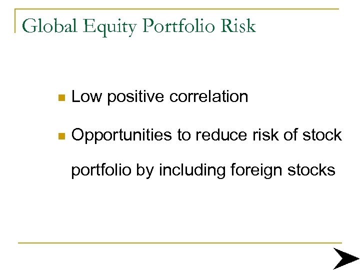 Global Equity Portfolio Risk n Low positive correlation n Opportunities to reduce risk of
