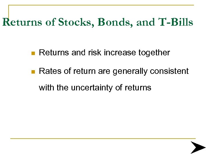 Returns of Stocks, Bonds, and T-Bills n Returns and risk increase together n Rates