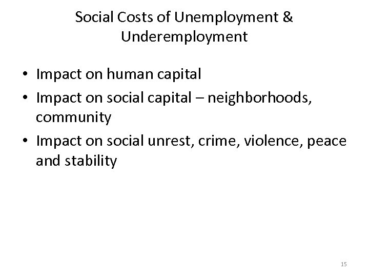 Social Costs of Unemployment & Underemployment • Impact on human capital • Impact on