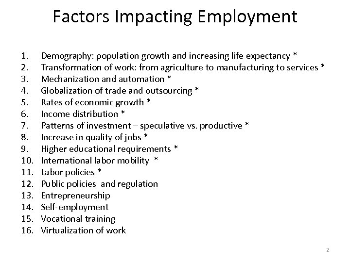 Factors Impacting Employment 1. 2. 3. 4. 5. 6. 7. 8. 9. 10. 11.