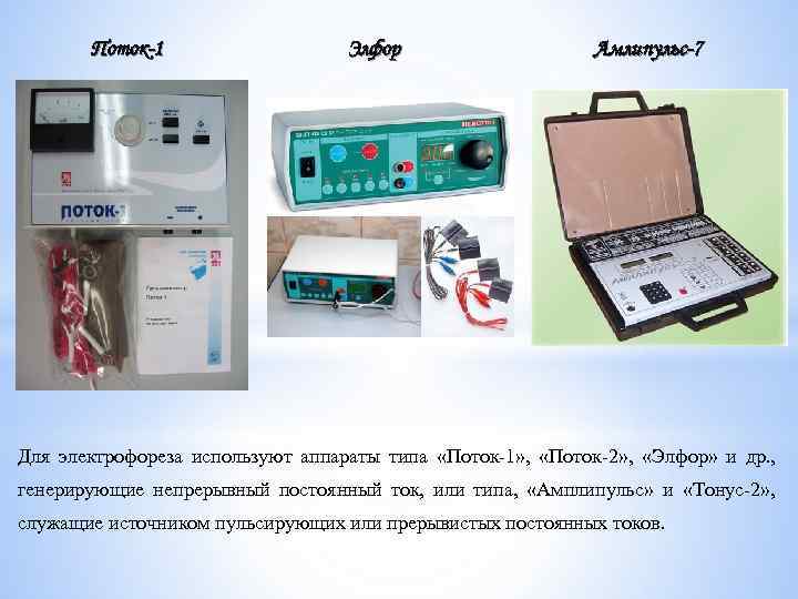 Поток-1 Элфор Амлипульс-7 Для электрофореза используют аппараты типа «Поток-1» , «Поток-2» , «Элфор» и