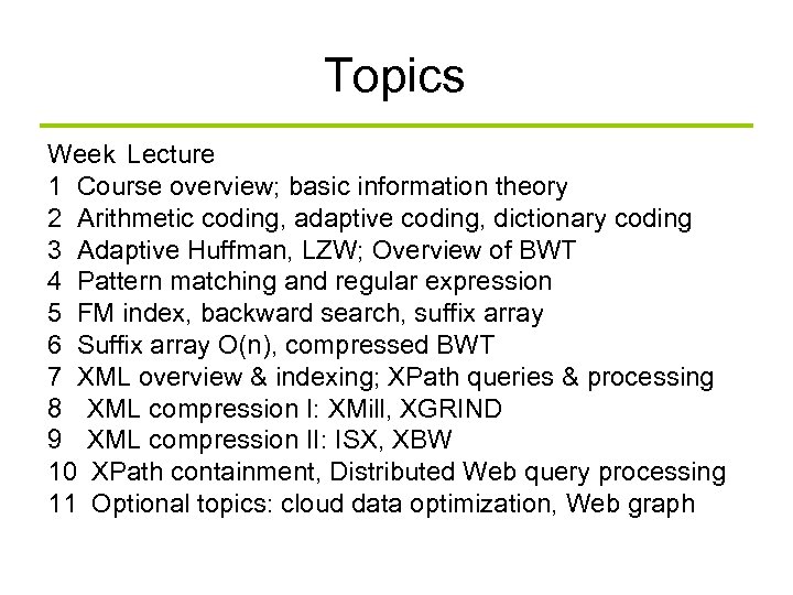 Topics Week Lecture 1 Course overview; basic information theory 2 Arithmetic coding, adaptive coding,