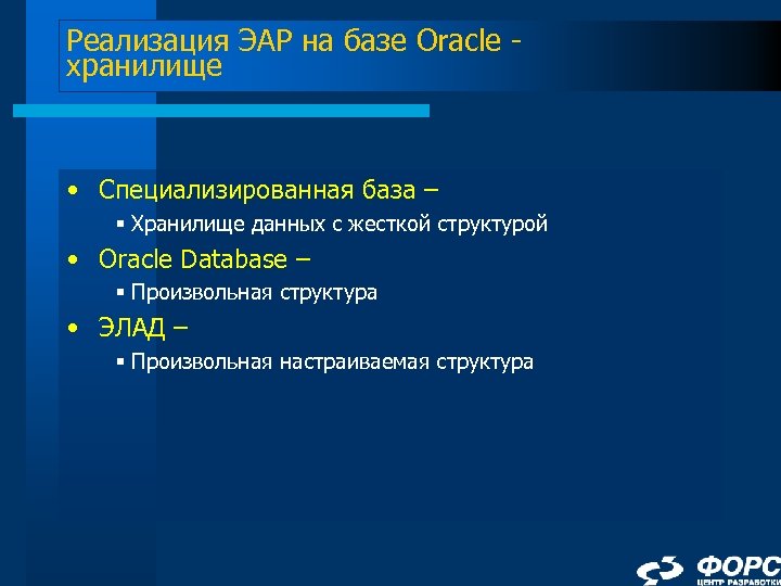 Реализация ЭАР на базе Oracle хранилище • Специализированная база – § Хранилище данных с