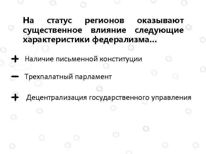 На статус регионов оказывают существенное влияние следующие характеристики федерализма… Наличие письменной конституции Трехпалатный парламент