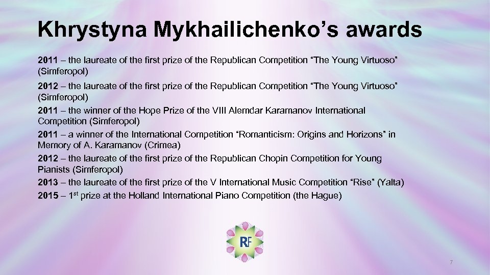 Khrystyna Mykhailichenko’s awards 2011 – the laureate of the first prize of the Republican